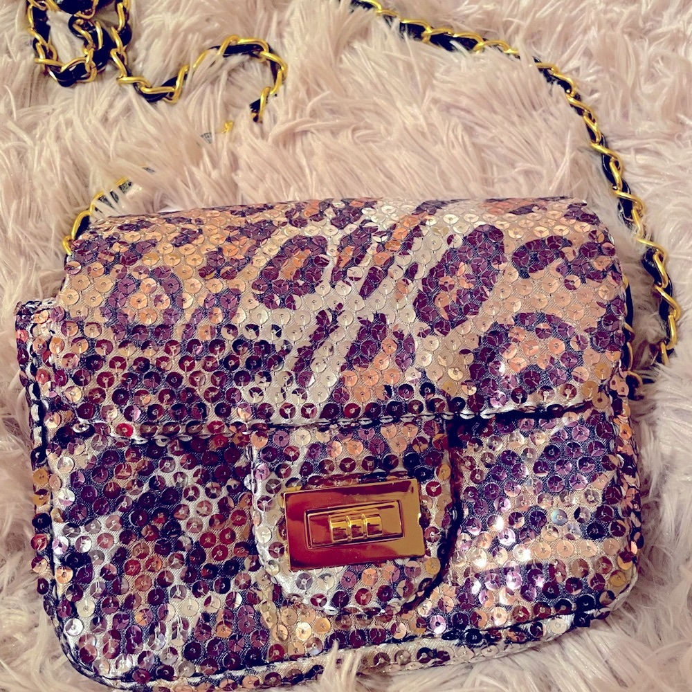 Mini bag - sequin cheetah with black satin inside.